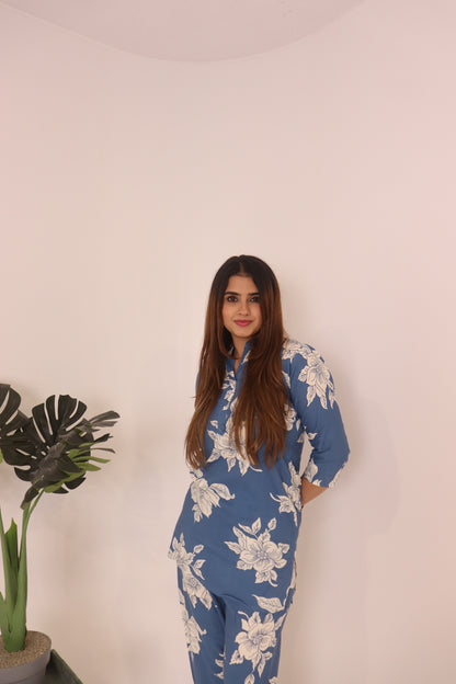 🦋 Floral Breeze Co-Ord Set – Blue & White Elegance