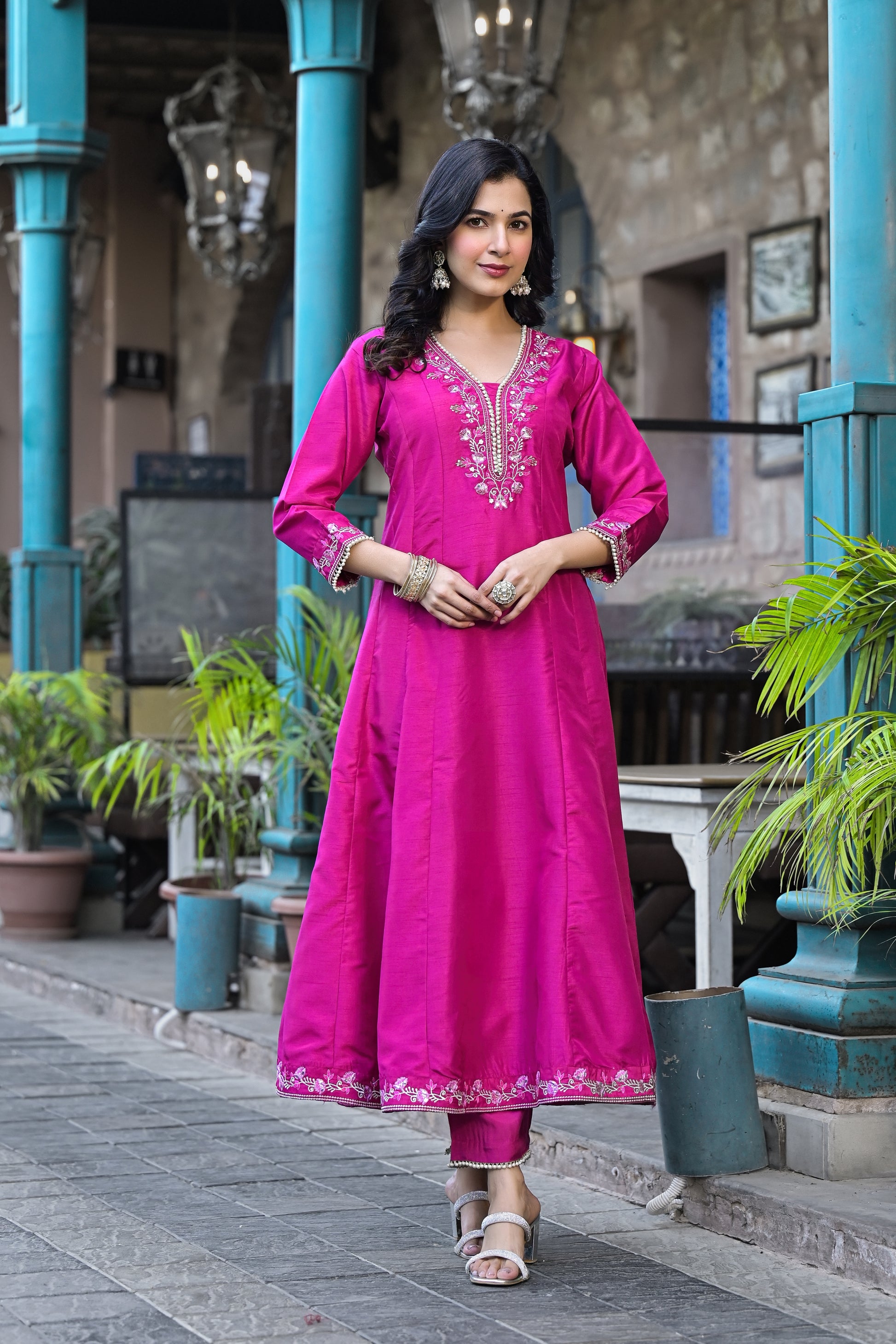 Latest Pink Muslin Anarkali Suit with Handwork