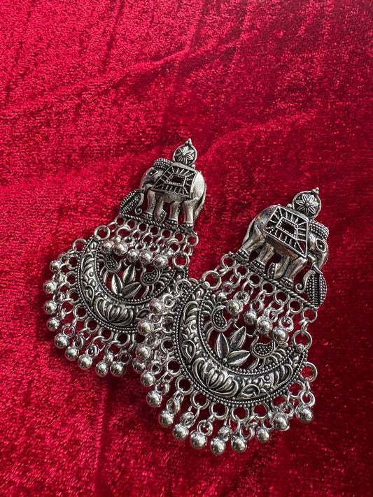 Majestic Elephant Motif Oxidised Silver Jhumka