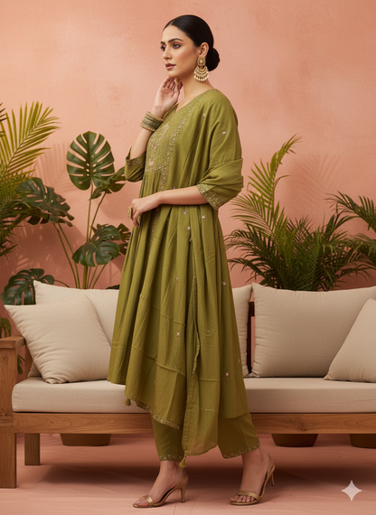 Savii Olive Green Hand-Embroidered A-Line Kurta Set with Dupatta