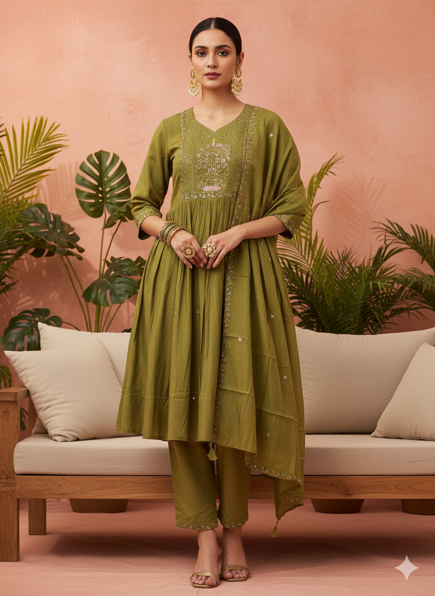 Savii Olive Green Hand-Embroidered A-Line Kurta Set with Dupatta