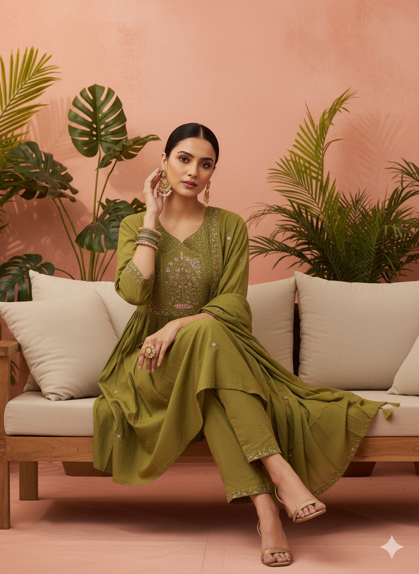 Savii Olive Green Hand-Embroidered A-Line Kurta Set with Dupatta