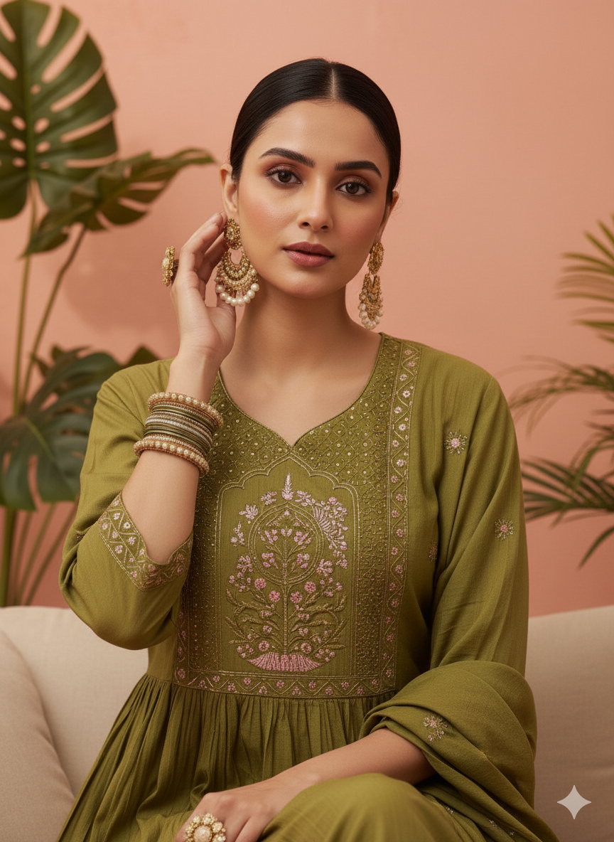 Savii Olive Green Hand-Embroidered A-Line Kurta Set with Dupatta