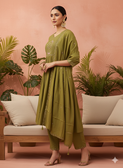 Savii Olive Green Hand-Embroidered A-Line Kurta Set with Dupatta