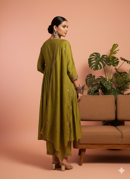 Savii Olive Green Hand-Embroidered A-Line Kurta Set with Dupatta