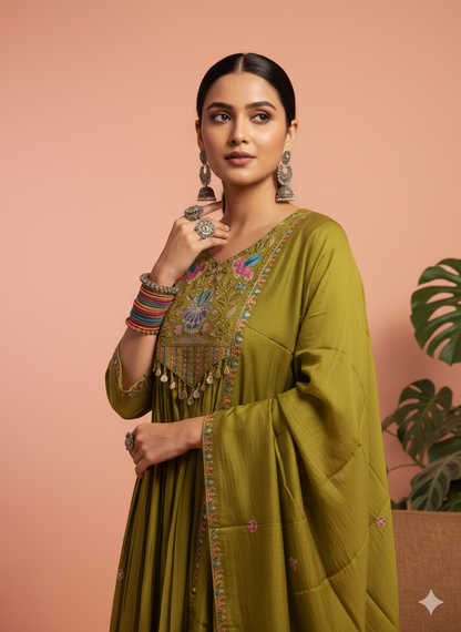 Savii Olive Green Hand-Embroidered A-Line Kurta Set with Dupatta