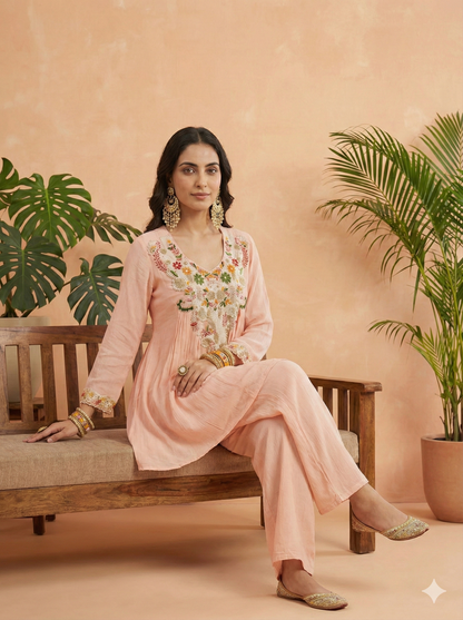 Pretty Mix Flower Embroidered Fit-Flared Co-ords Set