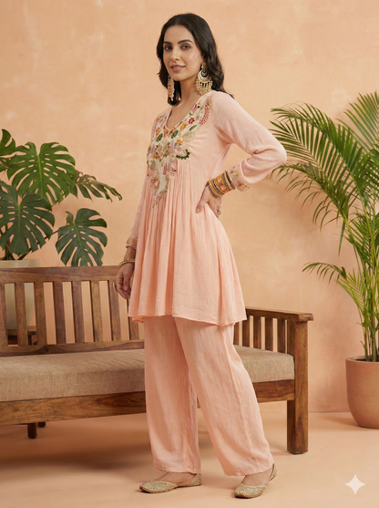 Pretty Mix Flower Embroidered Fit-Flared Co-ords Set