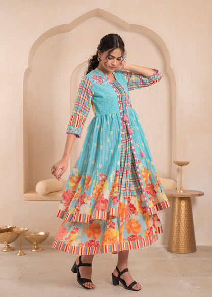 🌸Anusheet Fashion Women’s Sky Blue Floral Printed Cotton Dress