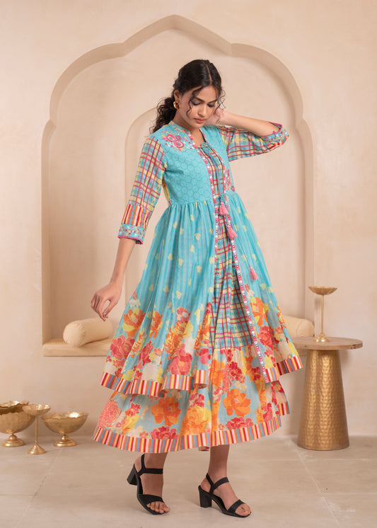 🌸Anusheet Fashion Women’s Sky Blue Floral Printed Cotton Dress