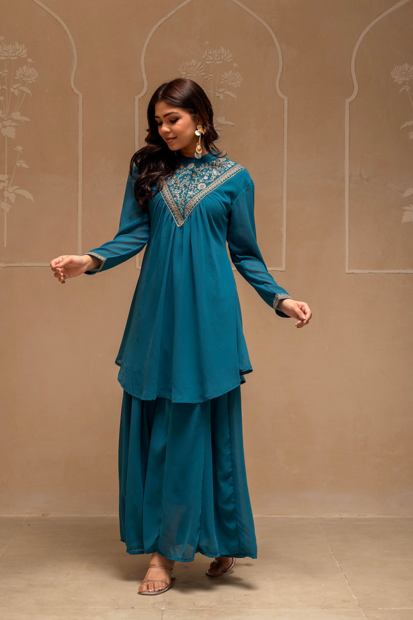 SImuu Embroidered High-Neck Kurta Flared Palazzo