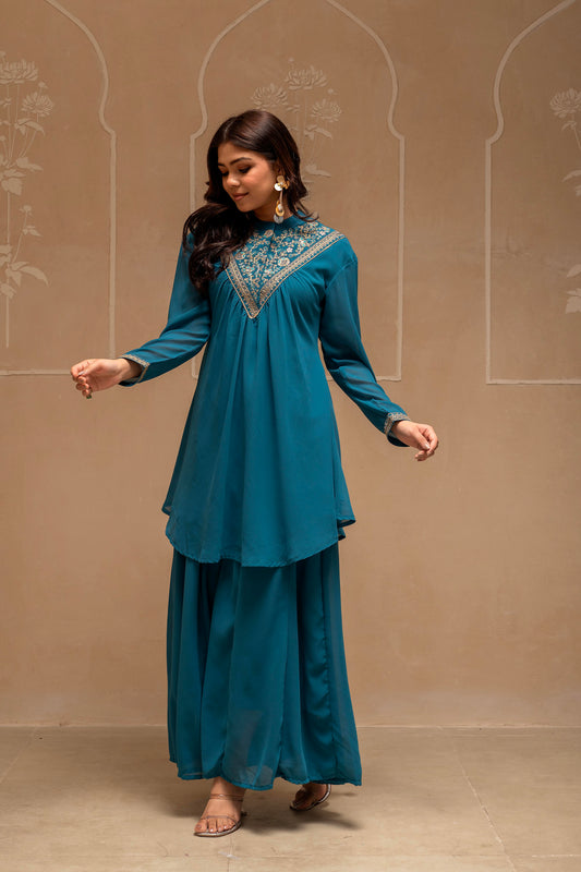 SImuu Embroidered High-Neck Kurta Flared Palazzo