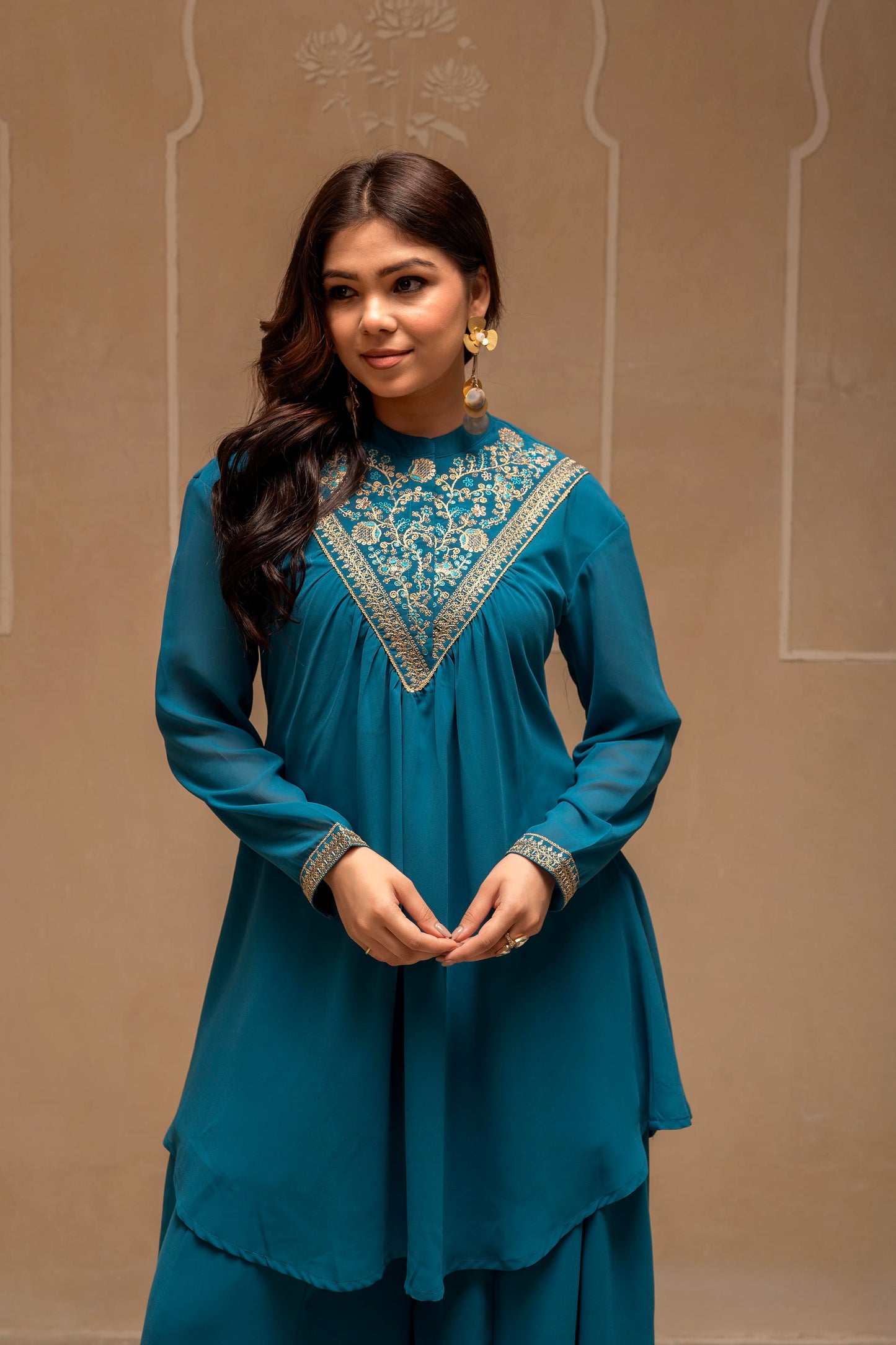 SImuu Embroidered High-Neck Kurta Flared Palazzo