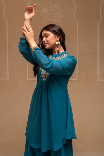 SImuu Embroidered High-Neck Kurta Flared Palazzo