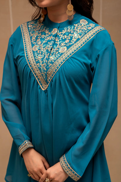 SImuu Embroidered High-Neck Kurta Flared Palazzo