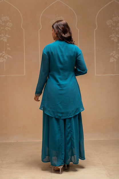 SImuu Embroidered High-Neck Kurta Flared Palazzo