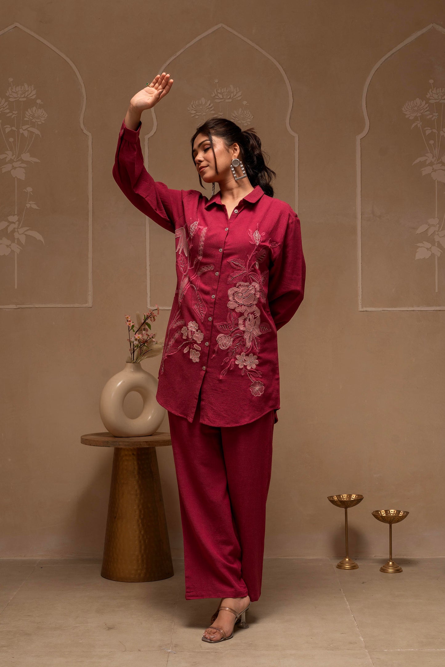 Tonal Rose Pink Textured Embroidered Co-ord Set