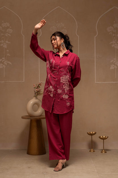 Tonal Rose Pink Textured Embroidered Co-ord Set