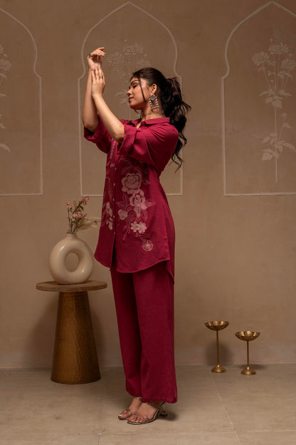 Tonal Rose Pink Textured Embroidered Co-ord Set