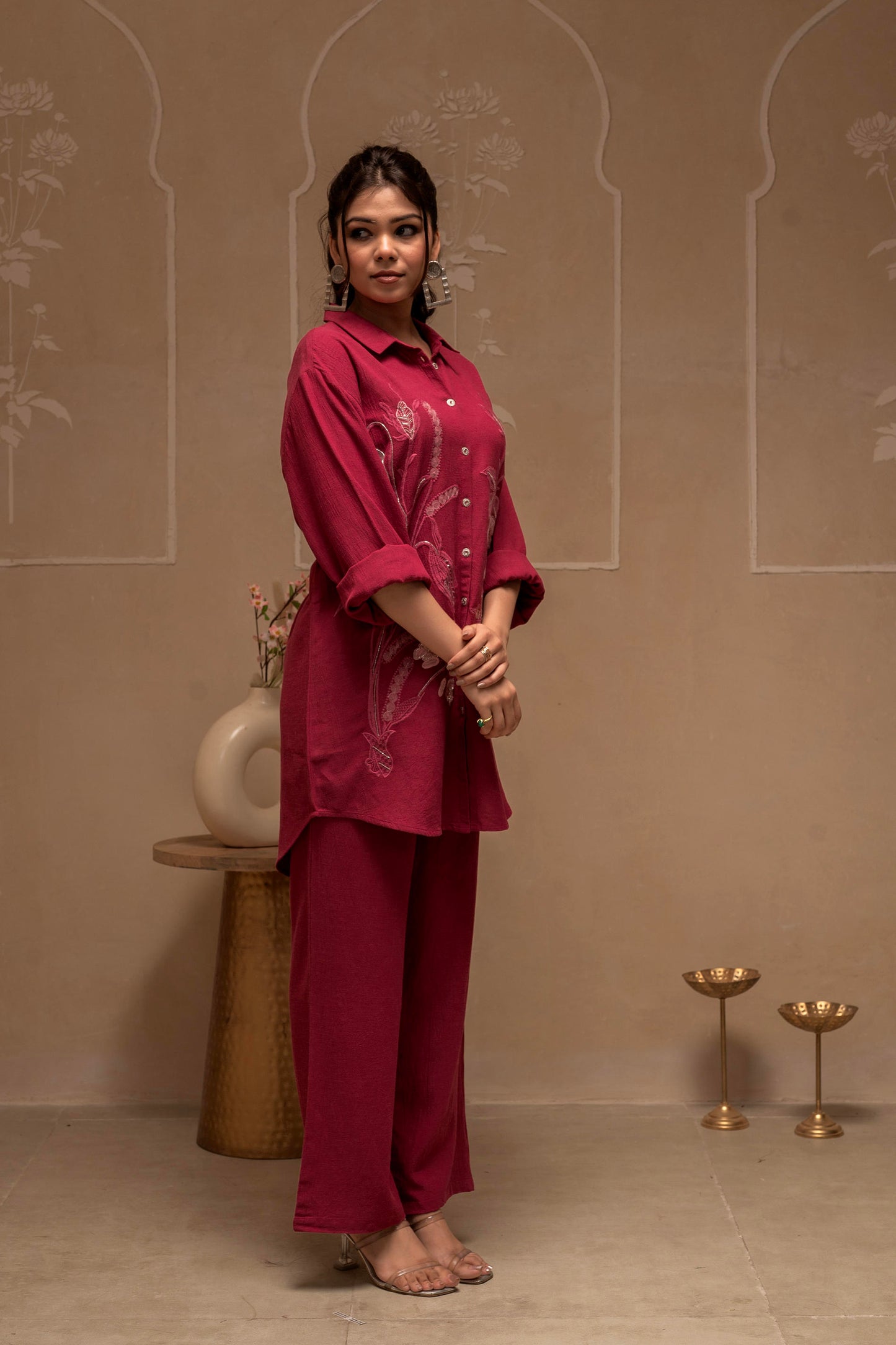 Tonal Rose Pink Textured Embroidered Co-ord Set