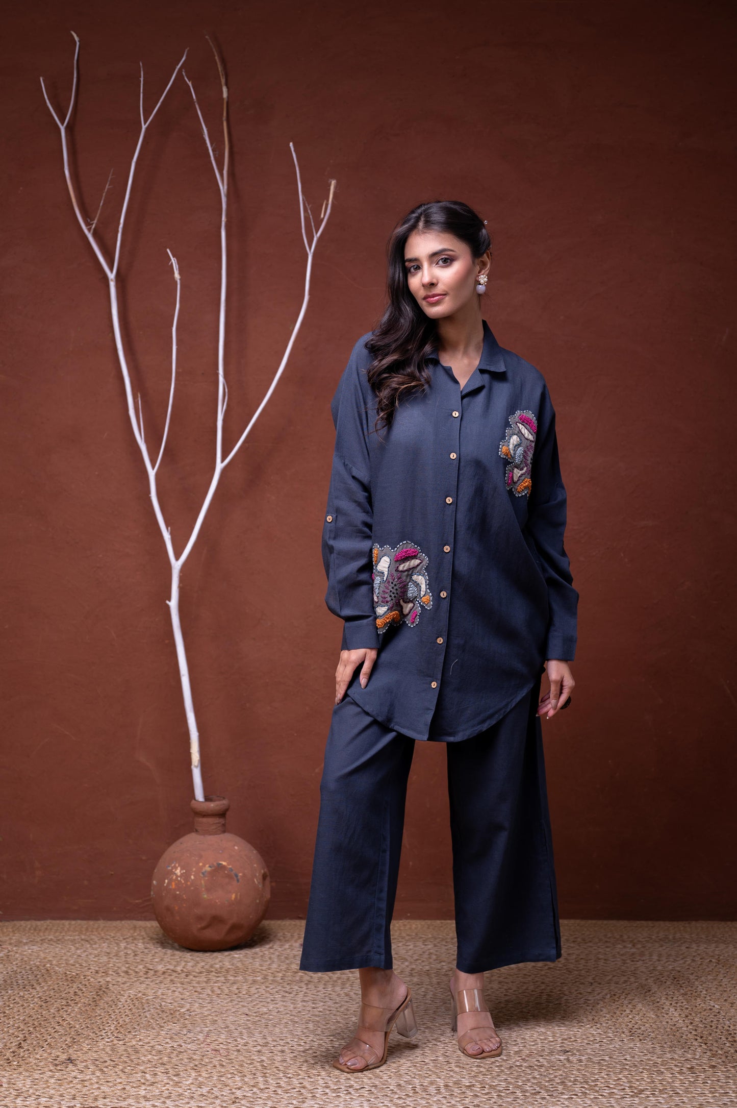 Navy Blue Embroidered Shirt with Wide-Legged Pants Cotton 👚