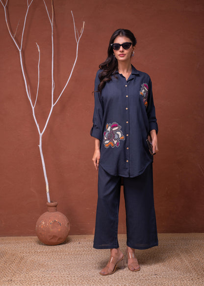 Navy Blue Embroidered Shirt with Wide-Legged Pants Cotton 👚