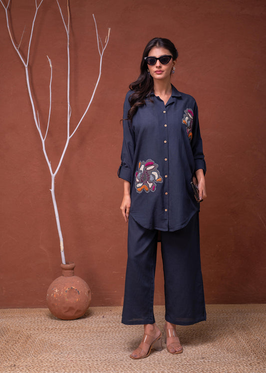 Navy Blue Embroidered Shirt with Wide-Legged Pants Cotton 👚