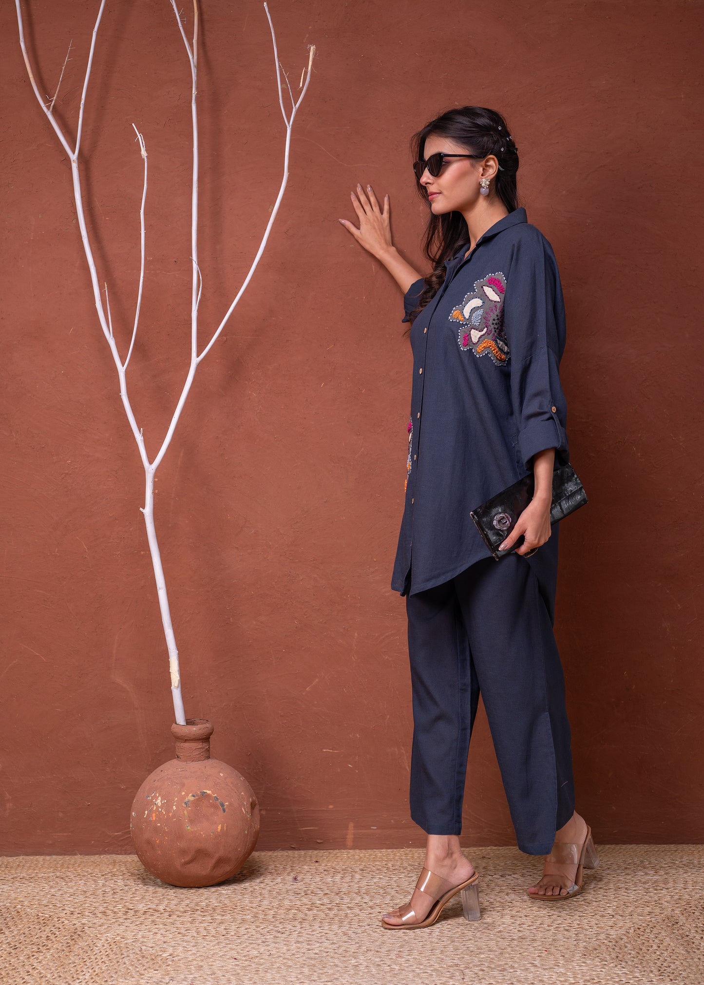 Navy Blue Embroidered Shirt with Wide-Legged Pants Cotton 👚