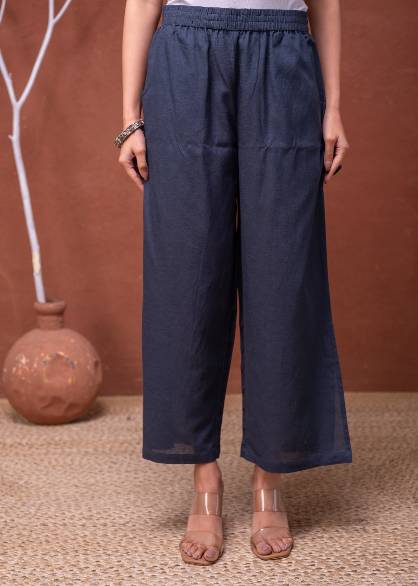 Navy Blue Embroidered Shirt with Wide-Legged Pants Cotton 👚
