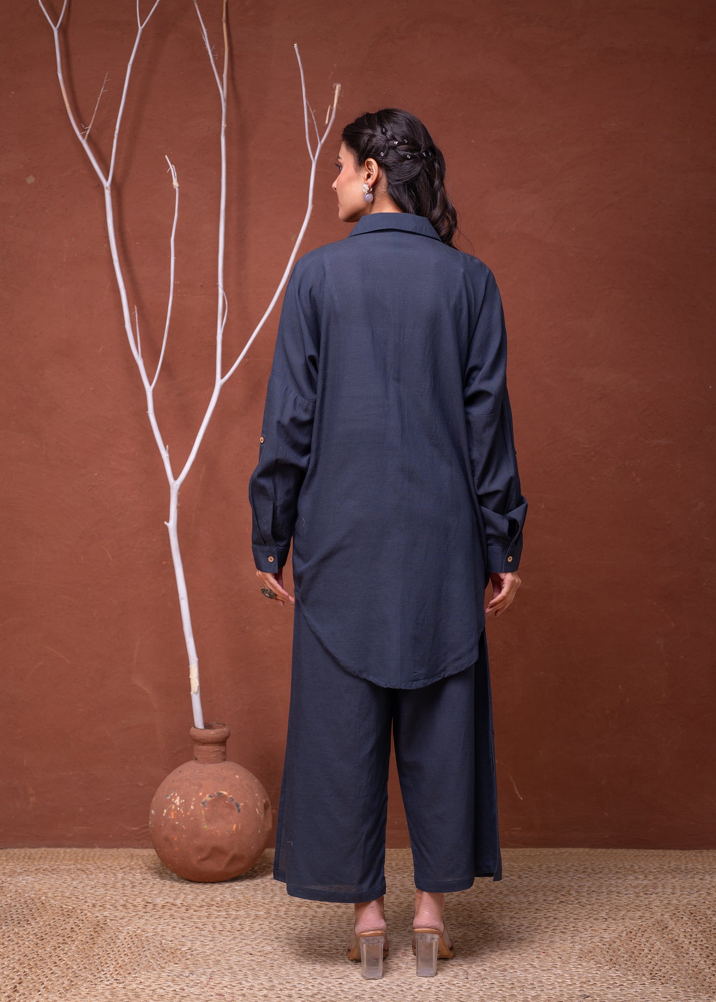 Navy Blue Embroidered Shirt with Wide-Legged Pants Cotton 👚