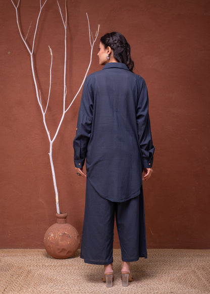 Navy Blue Embroidered Shirt with Wide-Legged Pants Cotton 👚