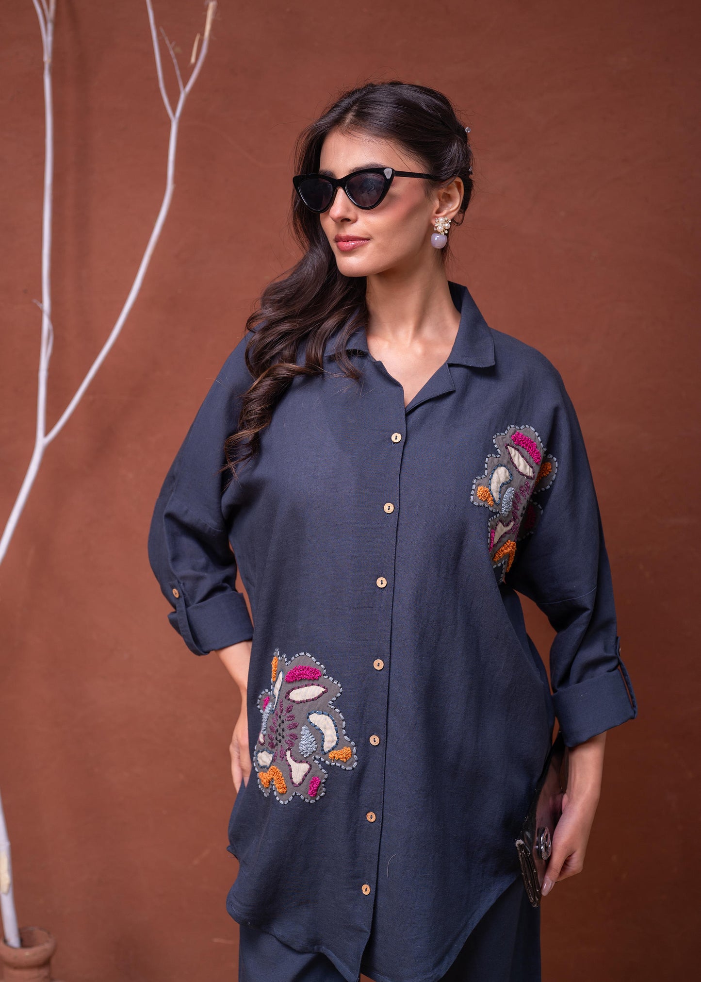 Navy Blue Embroidered Shirt with Wide-Legged Pants Cotton 👚