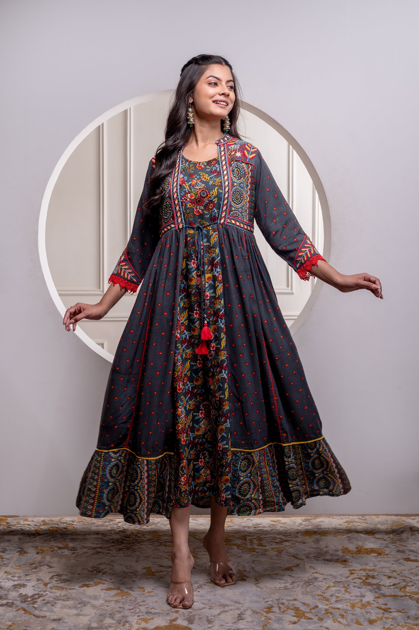 🌺 Title: Boho Bloom Flared Maxi Kurta – Grey Multicolor Print With Rayon Fabric