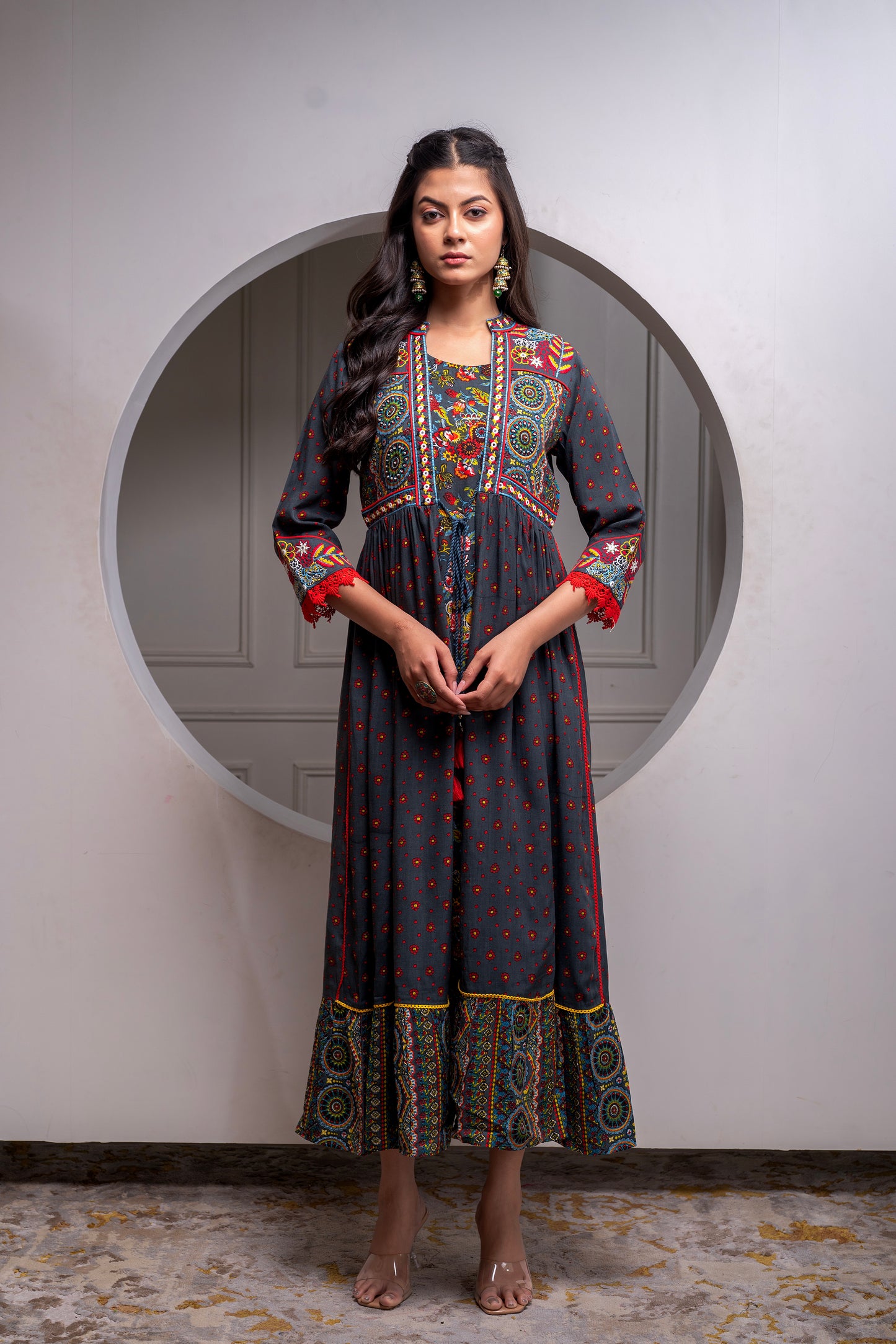 🌺 Title: Boho Bloom Flared Maxi Kurta – Grey Multicolor Print With Rayon Fabric