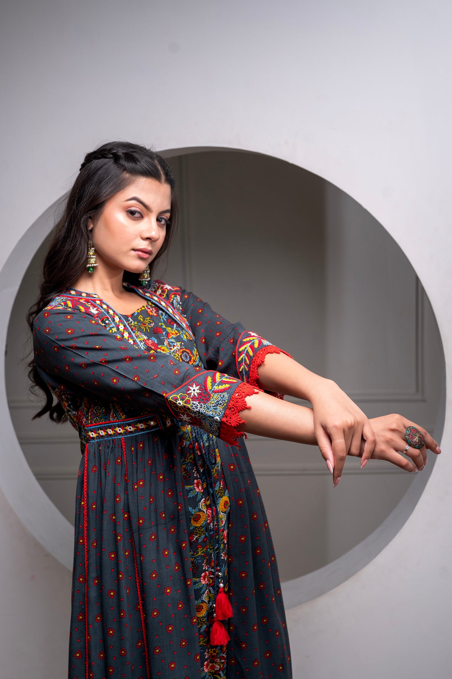 🌺 Title: Boho Bloom Flared Maxi Kurta – Grey Multicolor Print With Rayon Fabric