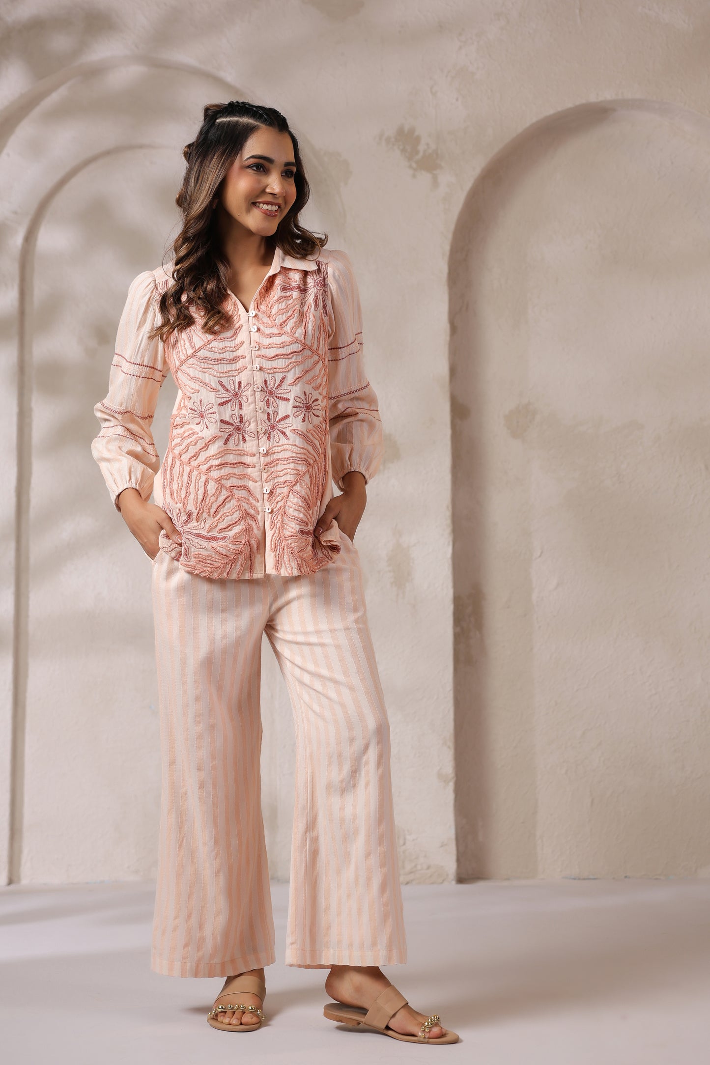 Embroidered Striped Lounge Set in Soft Peach Co-orde set
