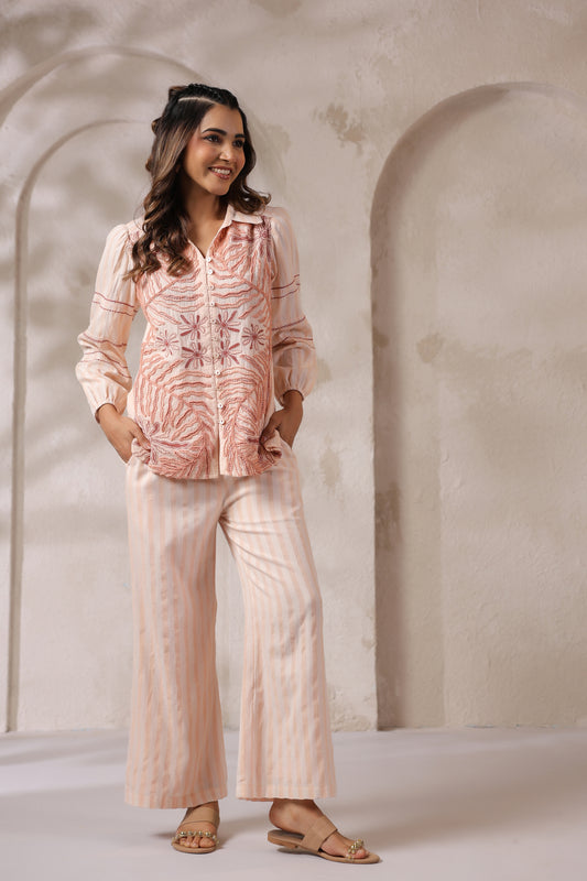 Embroidered Striped Lounge Set in Soft Peach Co-orde set