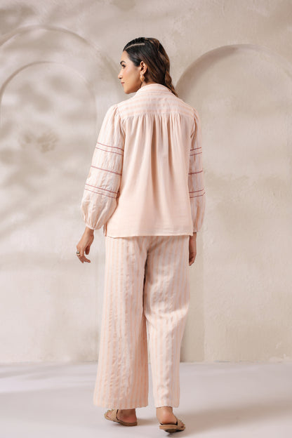 Embroidered Striped Lounge Set in Soft Peach Co-orde set