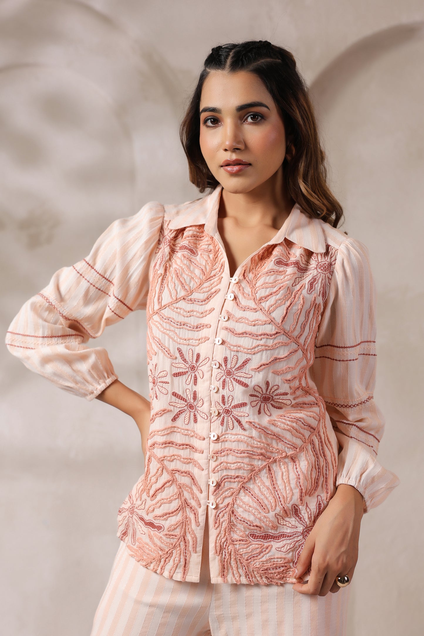 Embroidered Striped Lounge Set in Soft Peach Co-orde set
