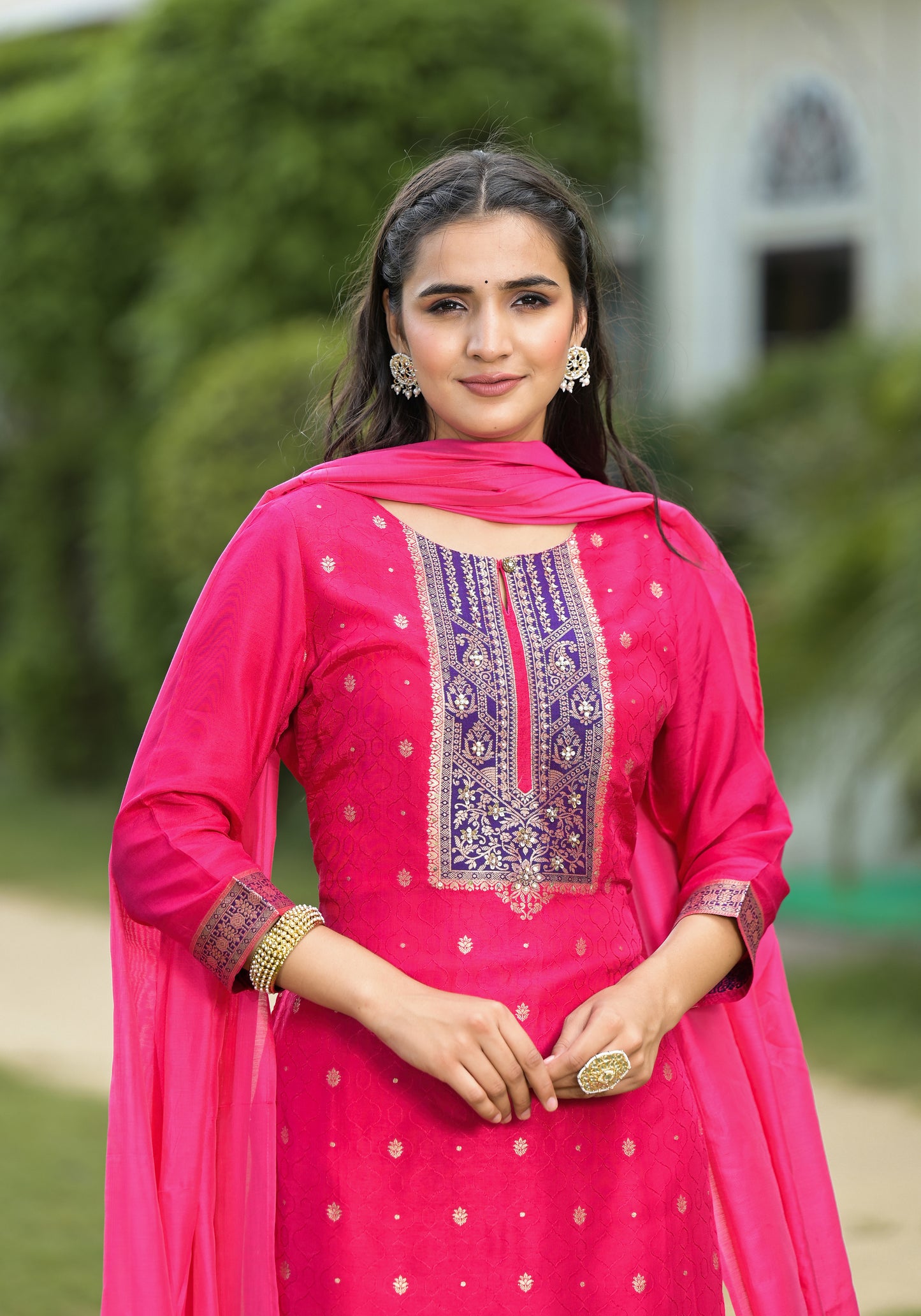 Pink Fully Stitched Suit Set With Dupatta