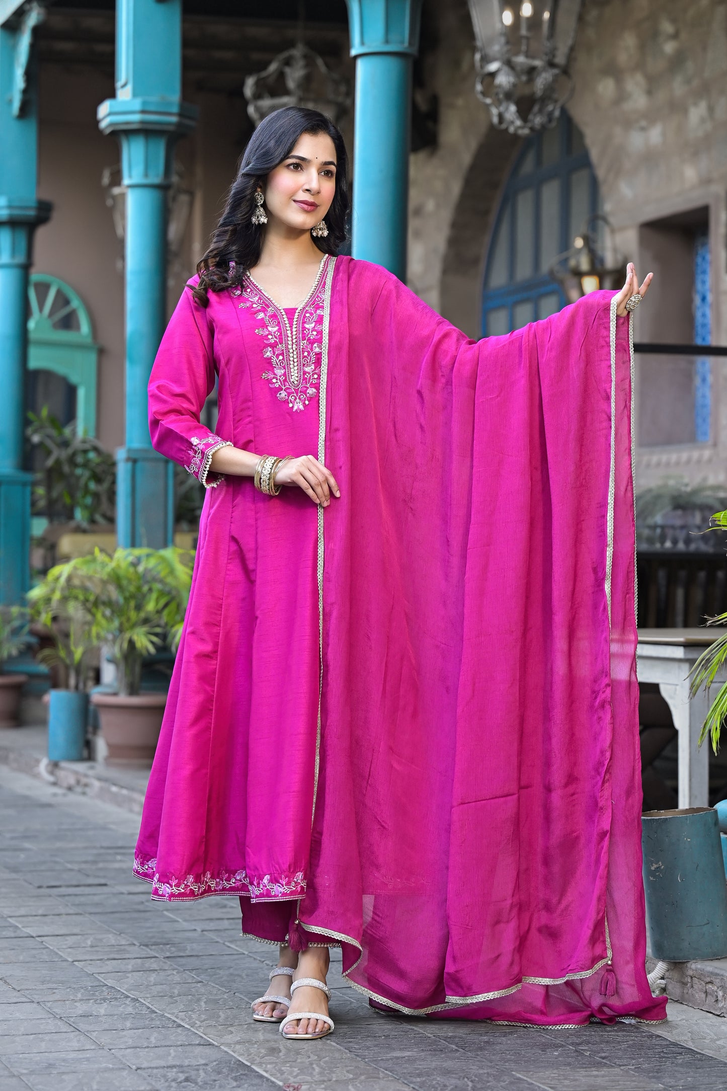 Pink Muslin Anarkali Suit With Full Sleeve Handwork Embroidery 