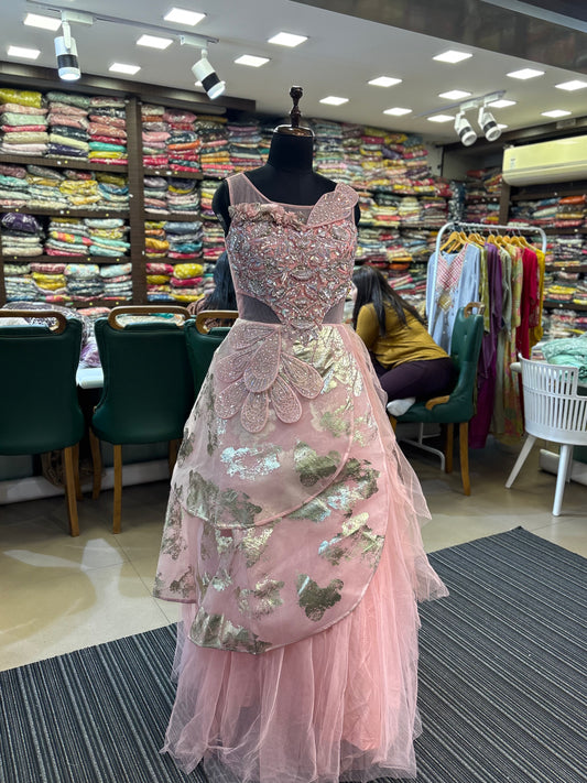 Pinkish Net Handwork Embroidered Ball Gown