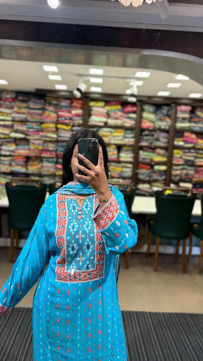 Pure muslin suit set with printed dupatta