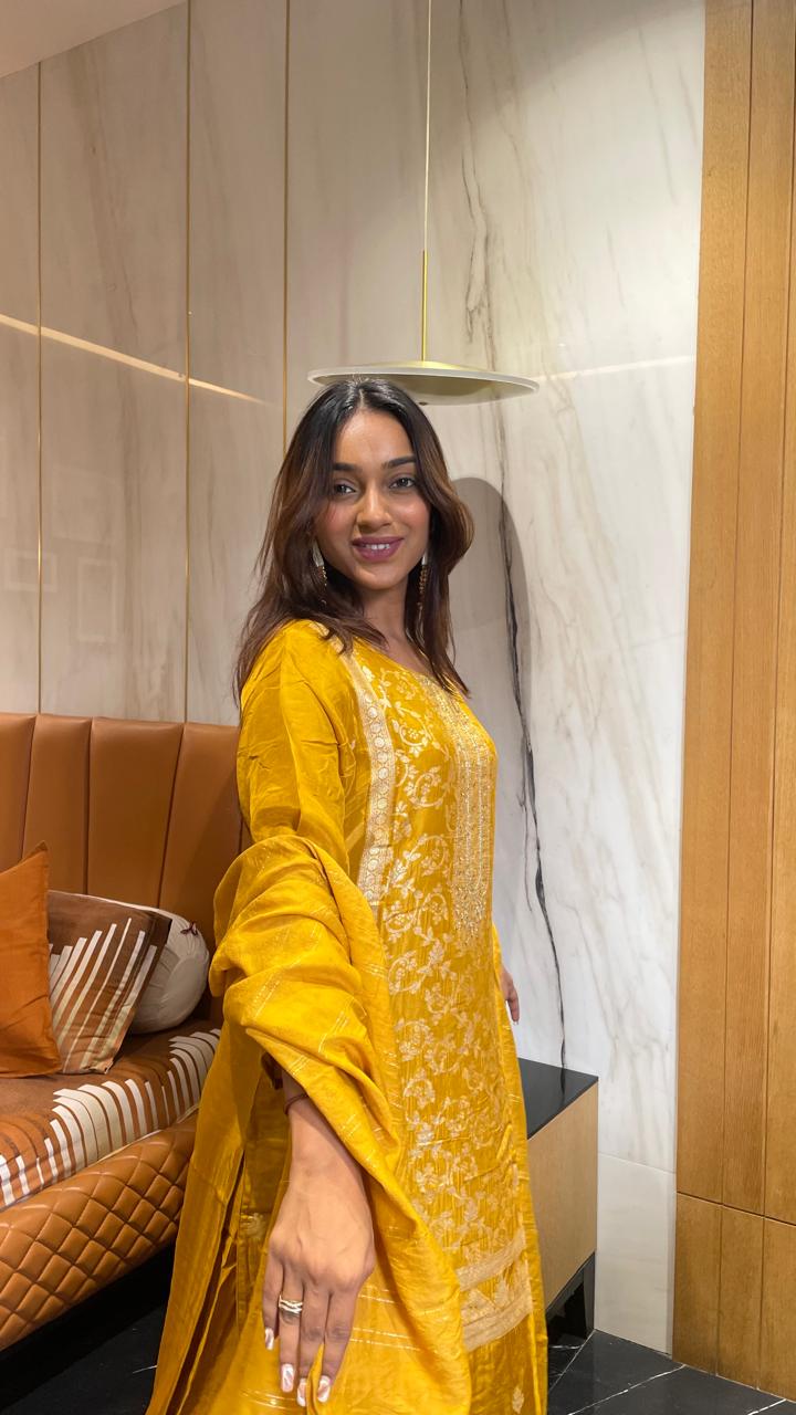 Pure silk suit set with sequin and zari for Haldi