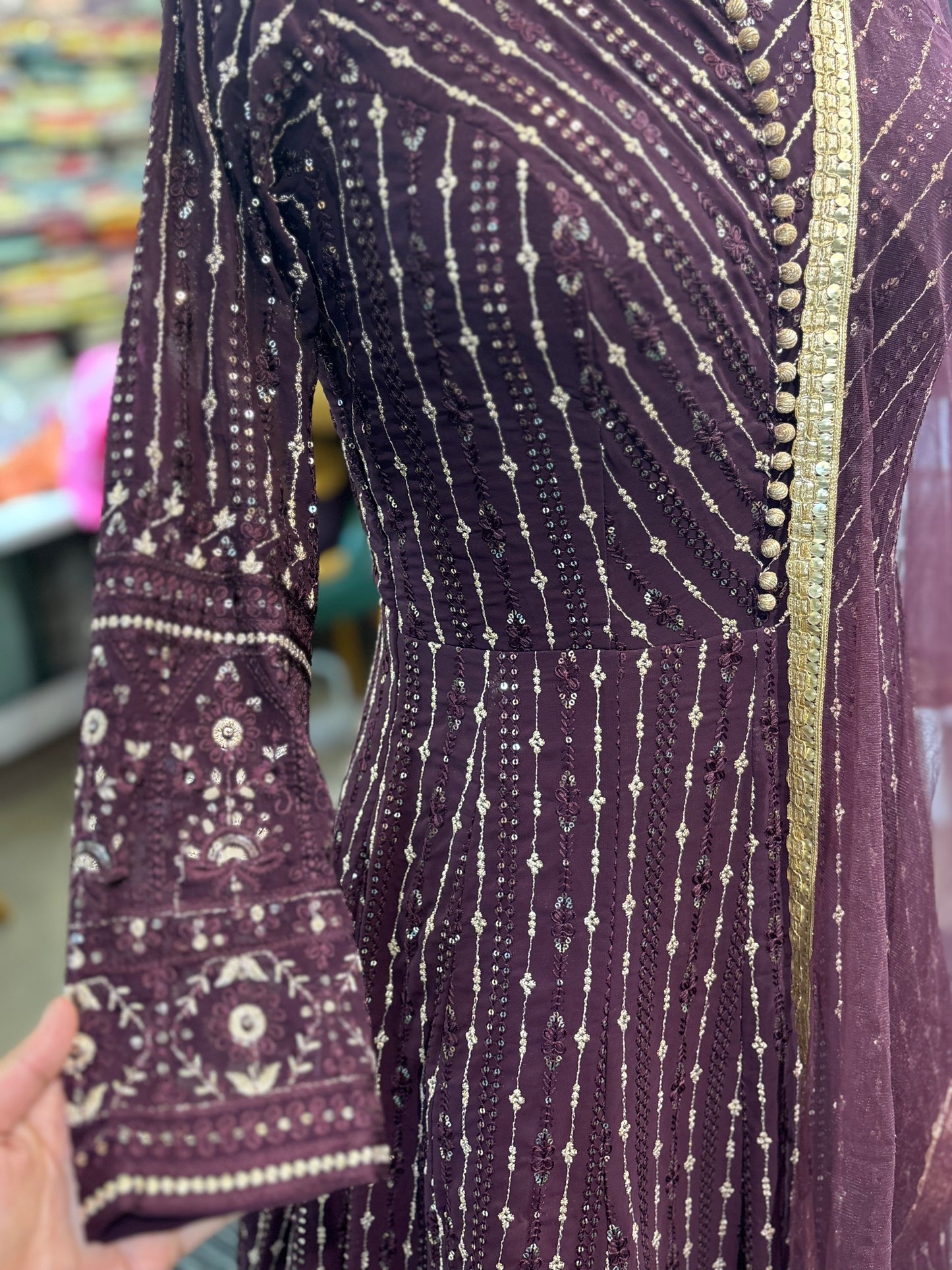 Purple gown with cutwork and lace dupatta for parties