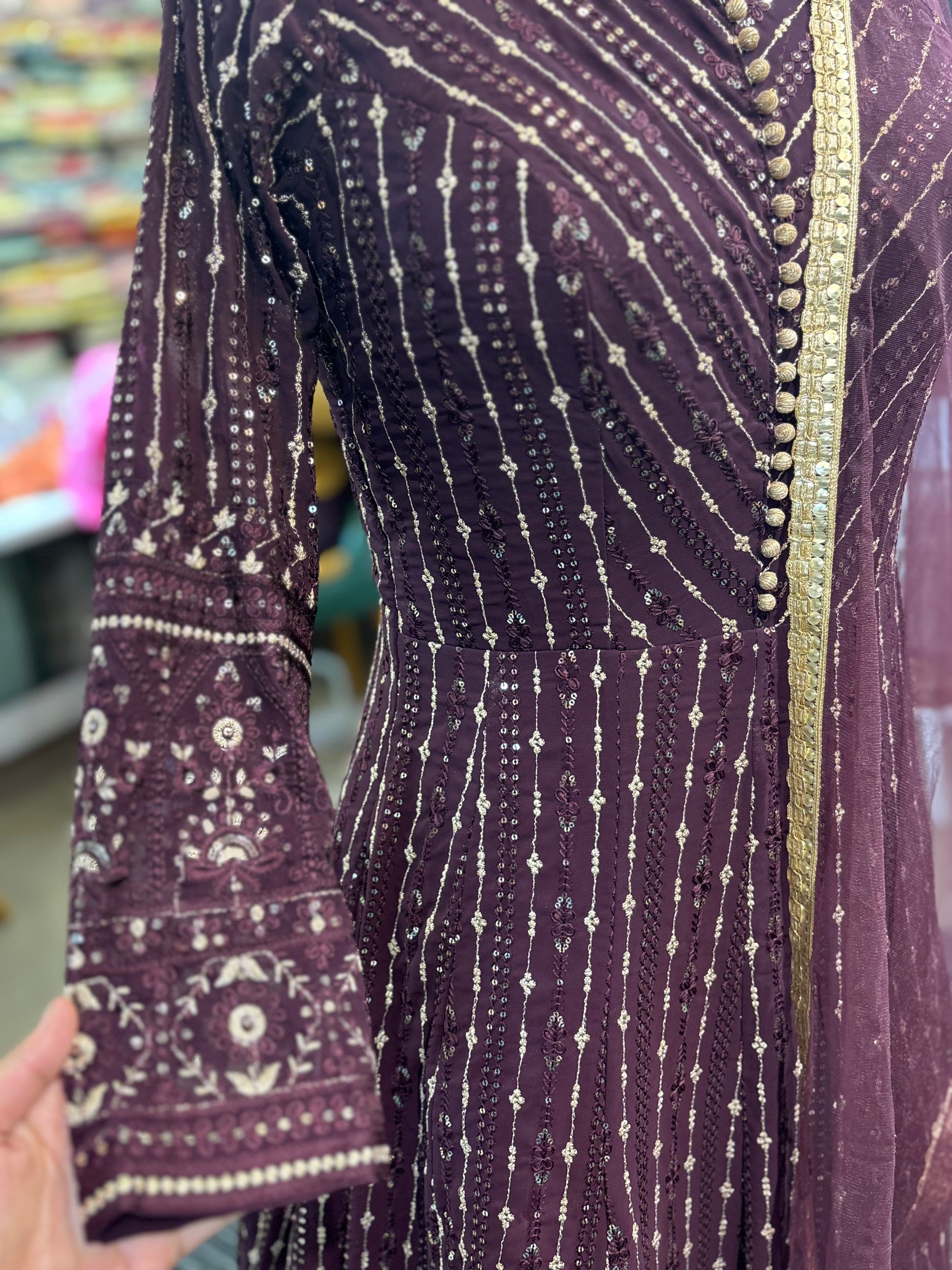 Purple gown with cutwork and lace dupatta for parties