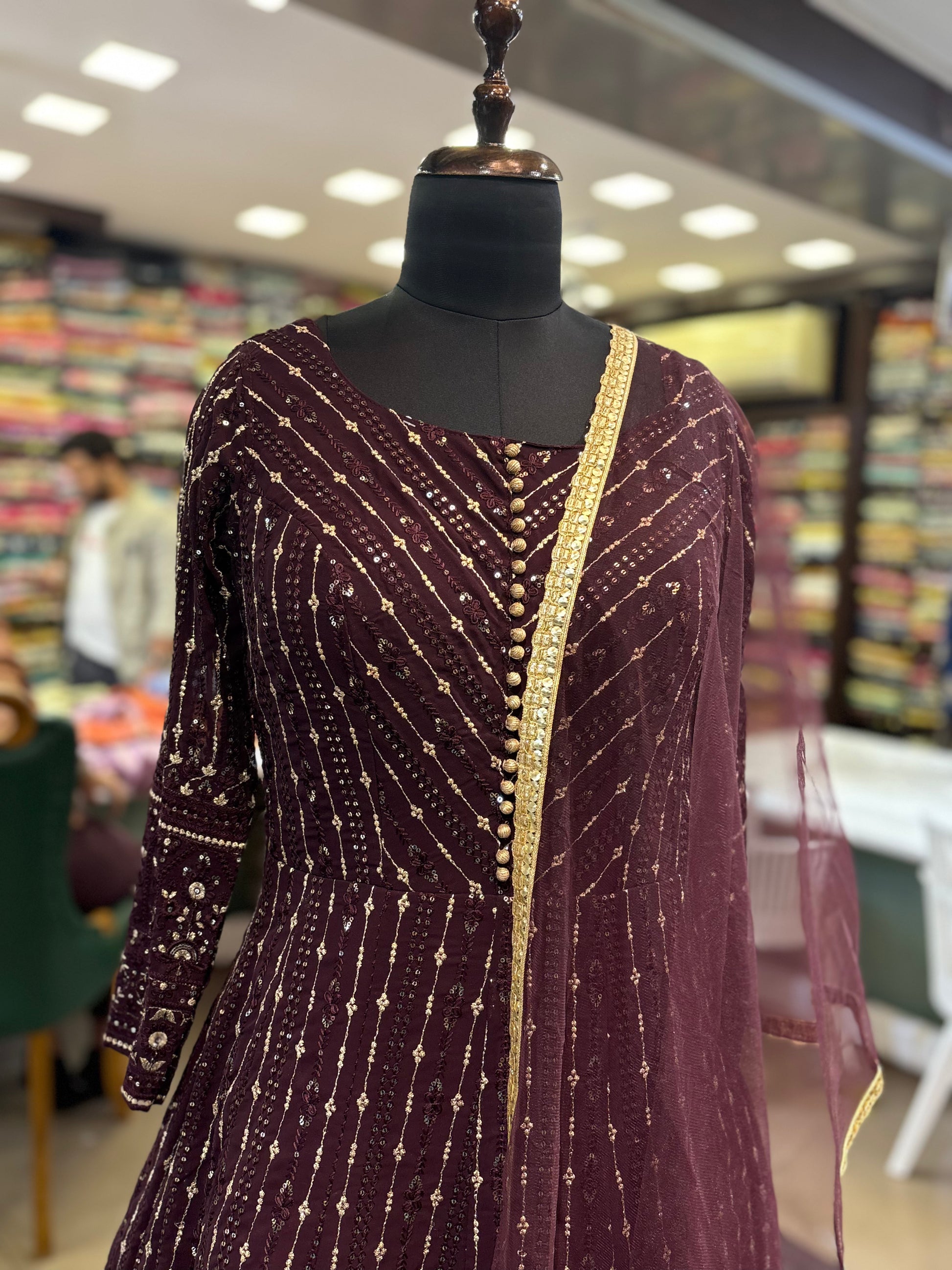 Purple sequin work gown with lace dupatta