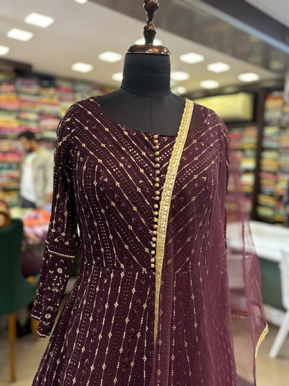 Purple sequin work gown with lace dupatta