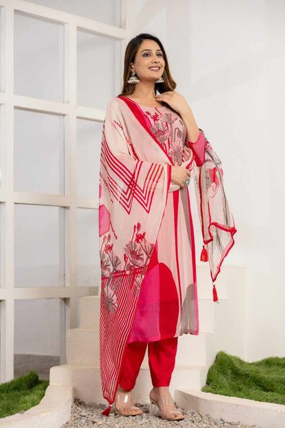 Red Printed Suit Set For Women