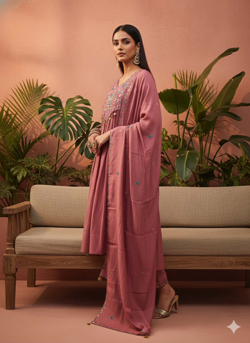 Rosewood Embroidered Kurta Set with Dupatta